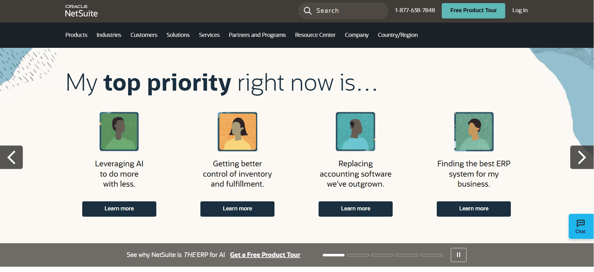 Oracle NetSuite webpage showing "My top priority right now is..." with AI, inventory, retail software, and ERP system options to learn more.