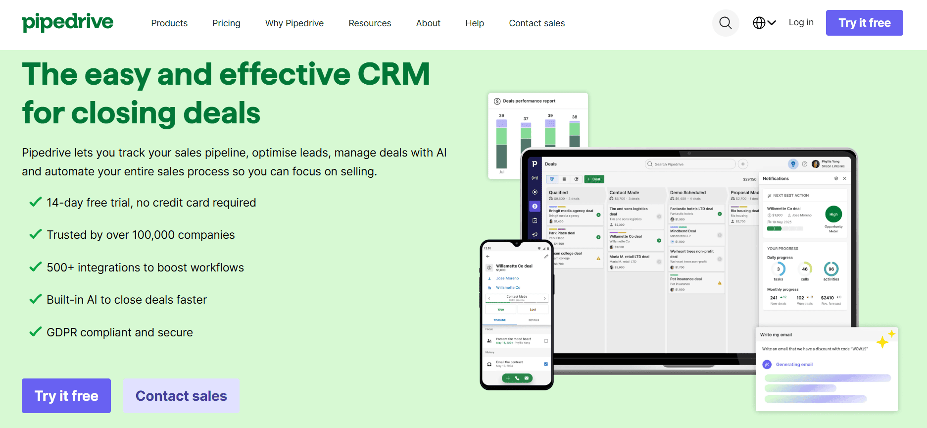 Screenshot of Pipedrive’s homepage with “Easy CRM for closing deals,” small team features, sales analytics on devices, and signup options.