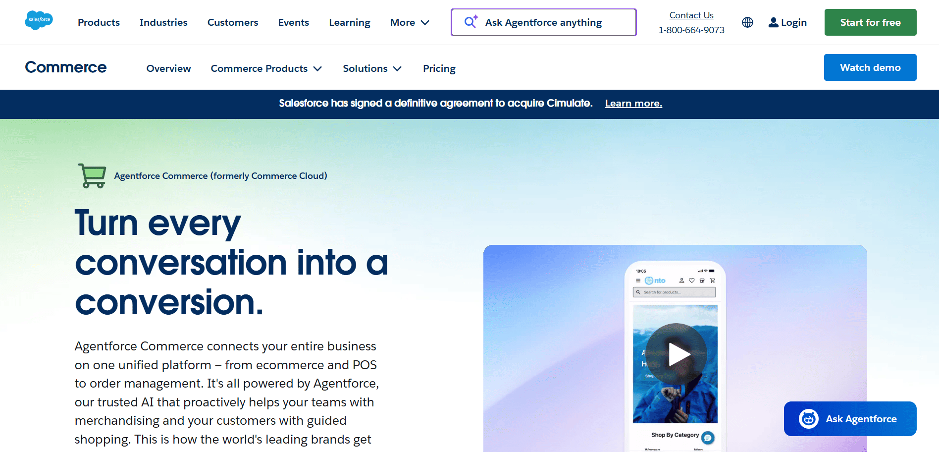 Salesforce Commerce webpage screenshot spotlighting Agentforce Commerce with Shopify app on mobile—great for retail teams comparing options.