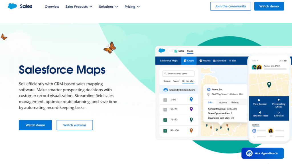 Salesforce Maps webpage with navigation bar, promo text, map dashboard for sales reps, butterfly graphic, and “Watch demo” buttons.