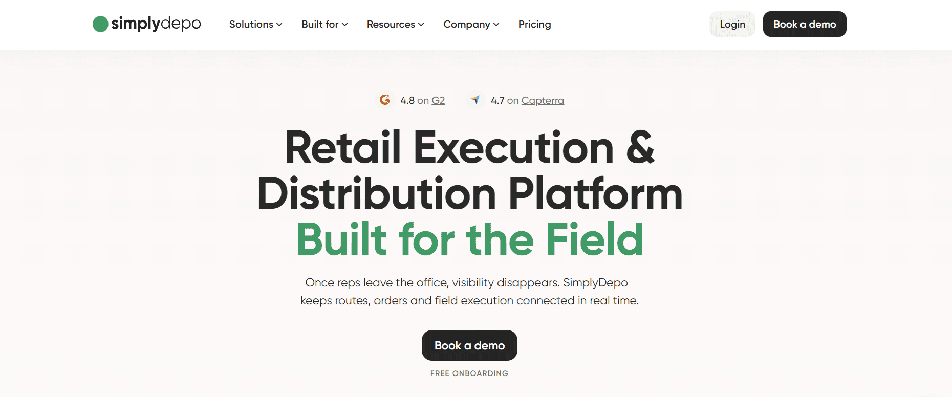 SimplyDepo homepage with ratings, navigation, login and demo buttons, and a headline highlighting its AI platform for retail sales.