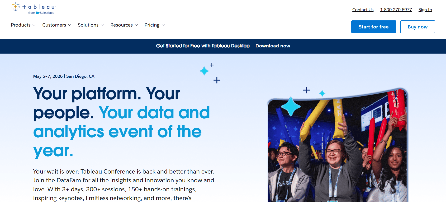 Tableau Conference 2025 webpage with event info, excited attendees waving glow sticks, registration buttons, and Small Teams sales tools.