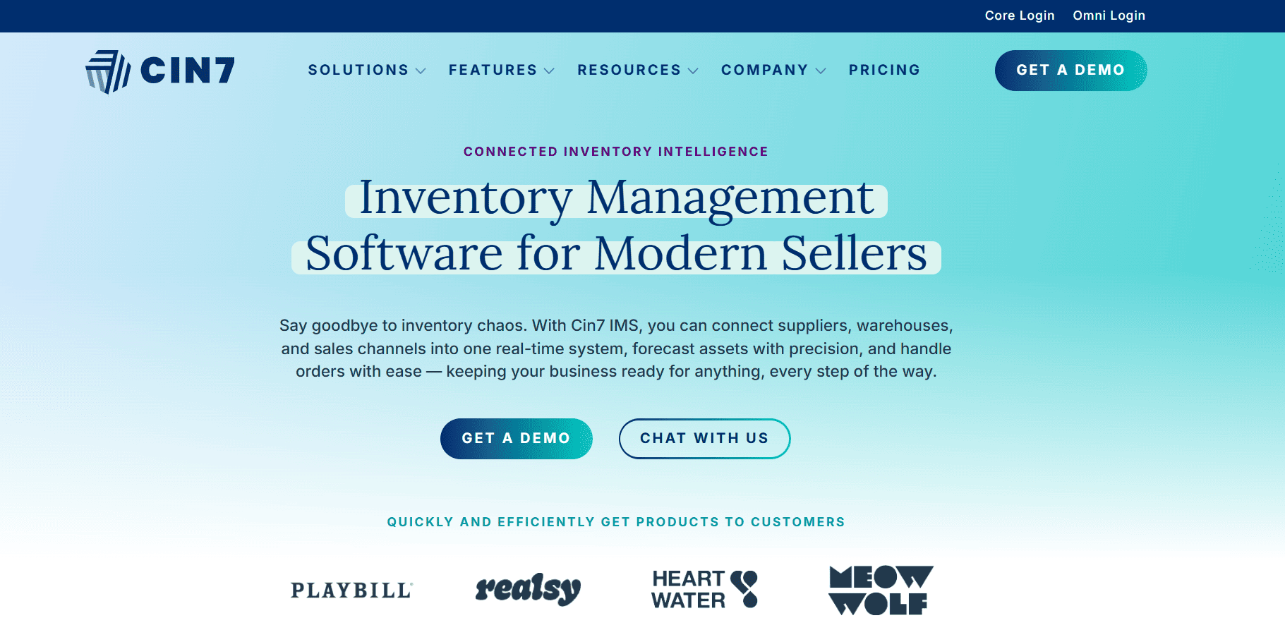 CIN7 homepage showing "Inventory Management Software for Modern Sellers," demo and chat buttons, partner logos, and CRM integration.