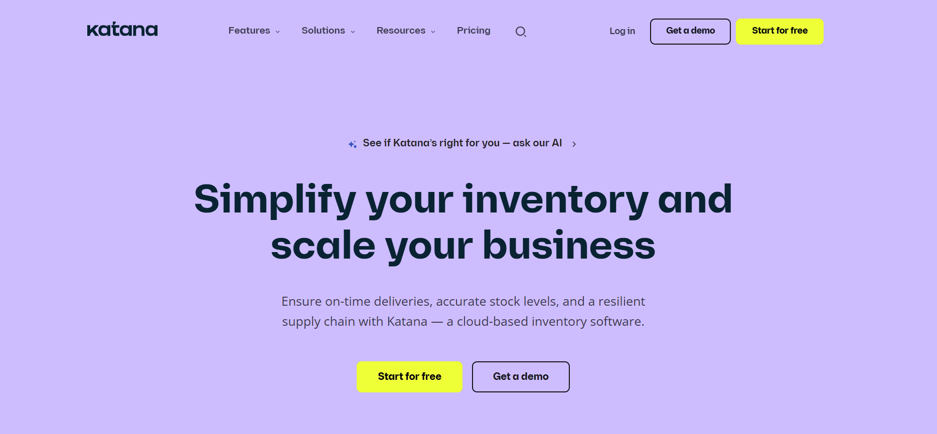 Katana homepage screenshot with a purple background, bold headline on inventory management, and yellow “Start for free” and “Get a demo” buttons.