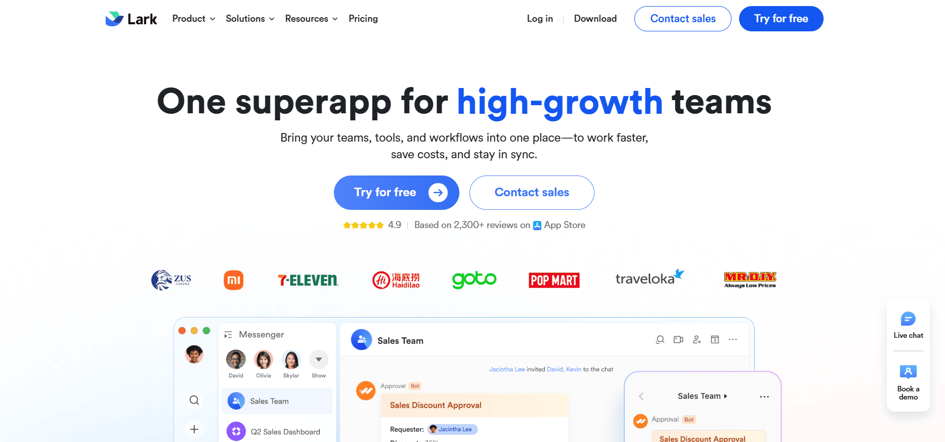 Lark homepage screenshot showing "One superapp for high-growth teams," CRM with inventory, free trial, sales contact, ratings, and client logos.
