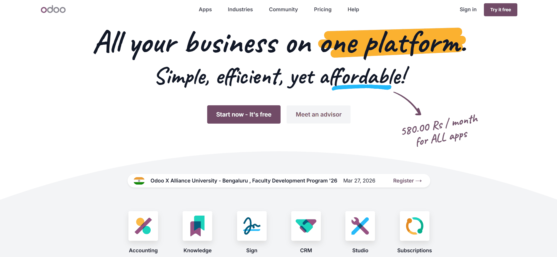 Odoo homepage featuring the tagline “All your business on one platform,” CRM and inventory, free trial, advisor help, app icons below.