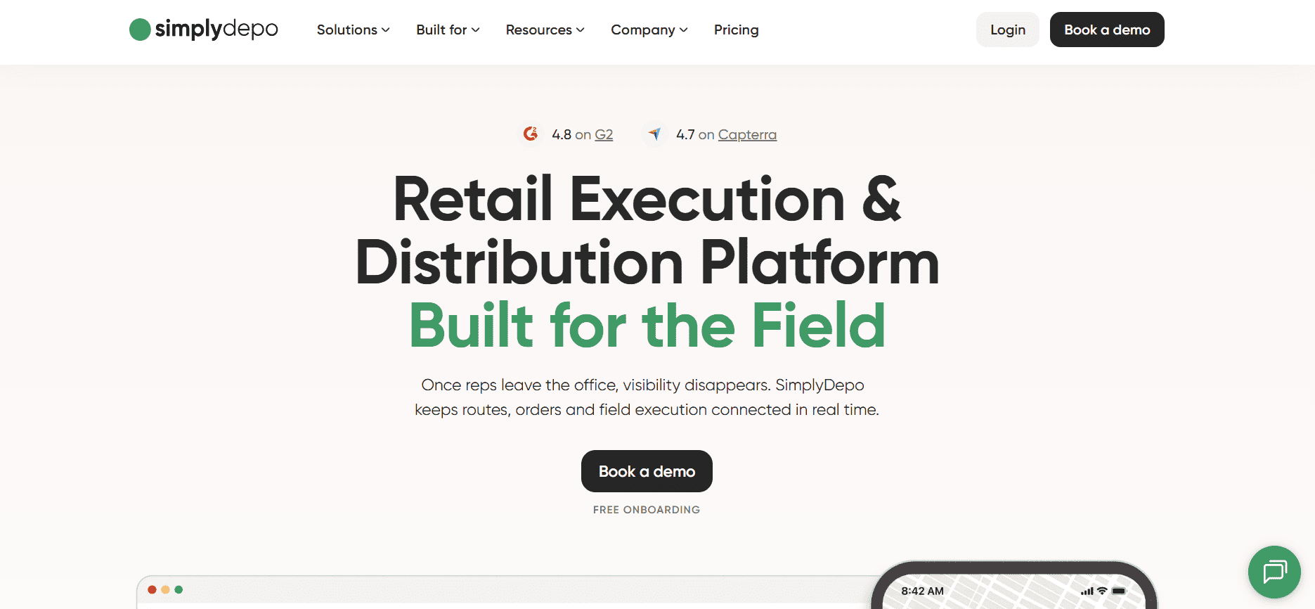 SimplyDepo homepage screenshot showing Retail Execution & Distribution Platform, CRM with inventory, demo booking, login, and ratings.