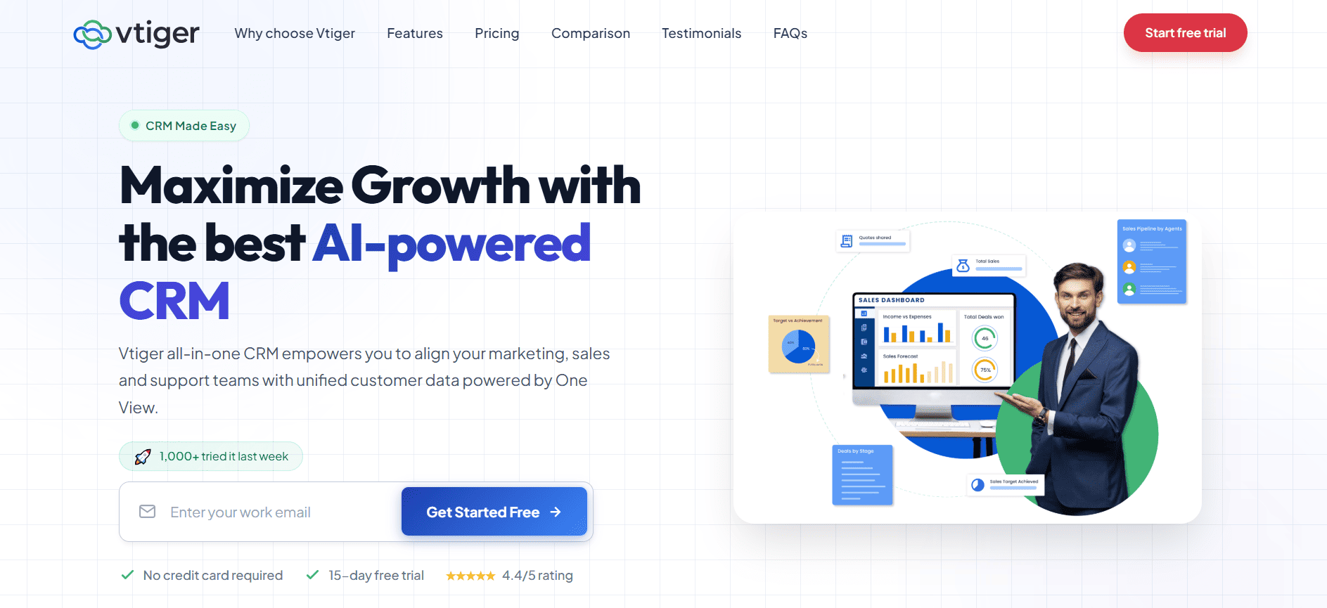 Vtiger CRM homepage with “Maximize Growth” headline, a suited man pointing at analytics charts, and free trial and info buttons.