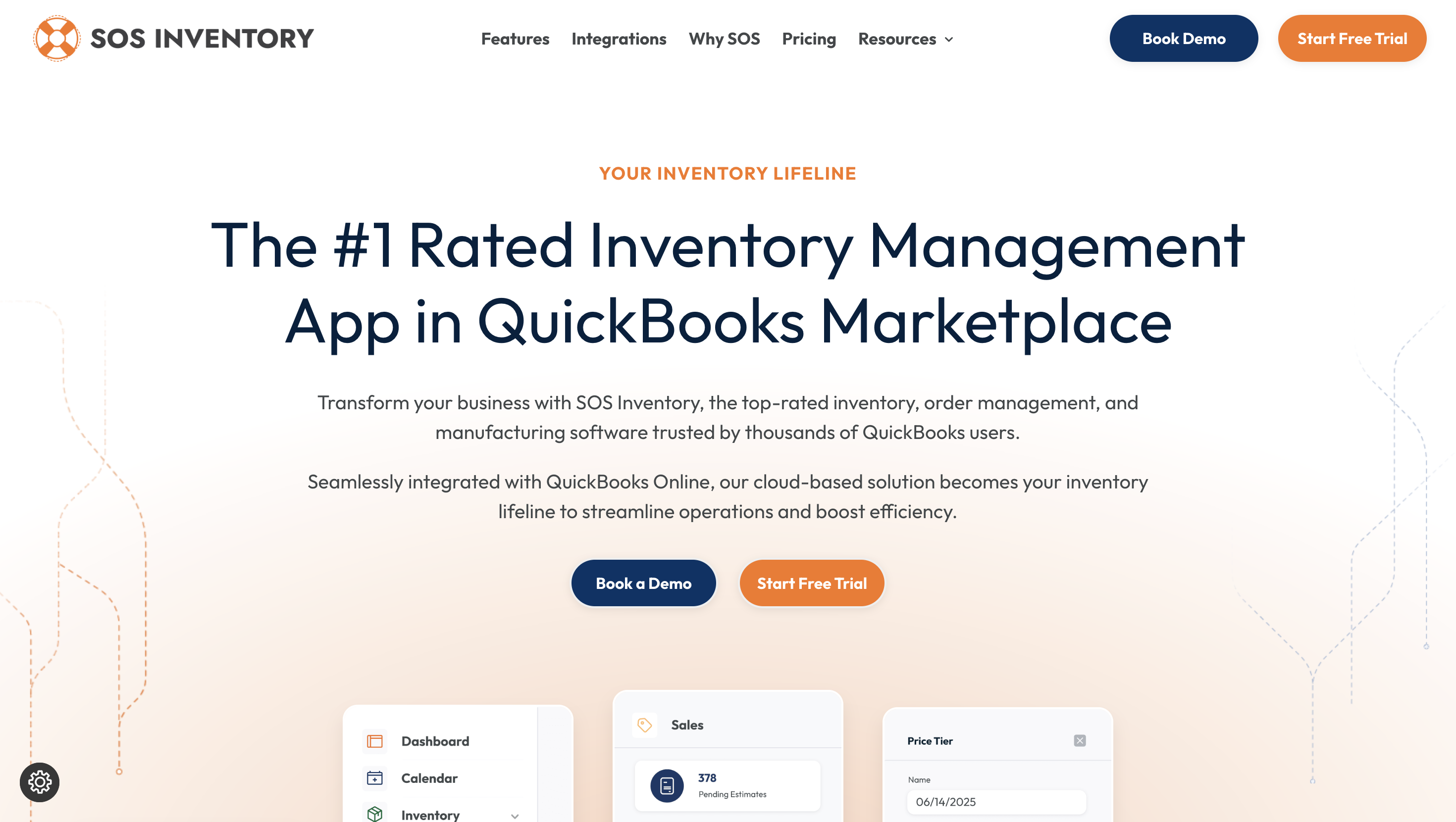 SOS Inventory homepage showing its top-rated QuickBooks inventory app status for 2026, with demo, free trial, and integrations options.