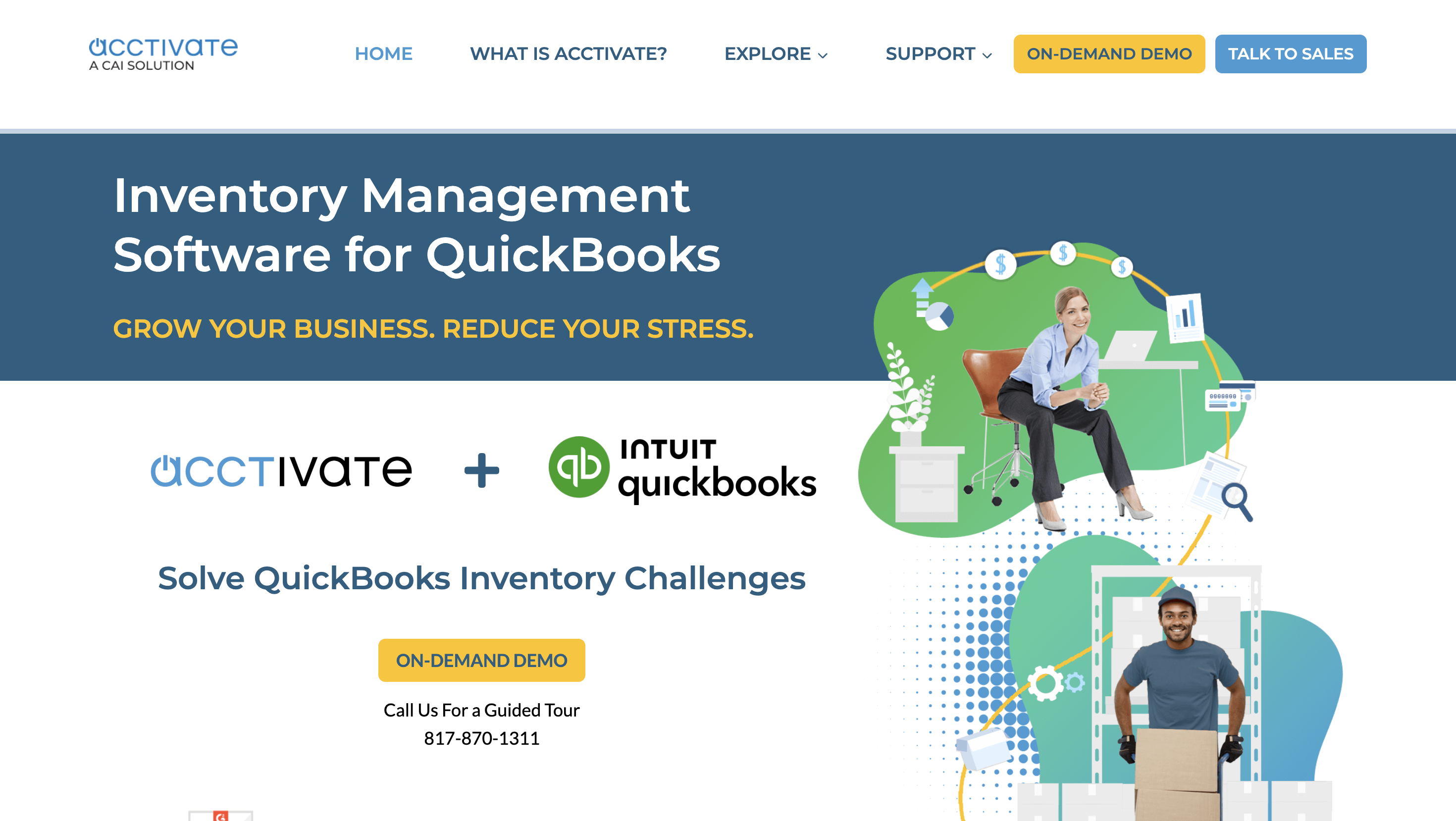 Acctivate inventory software website screenshot showing QuickBooks integration, demo button, and illustrations of team managing stock.