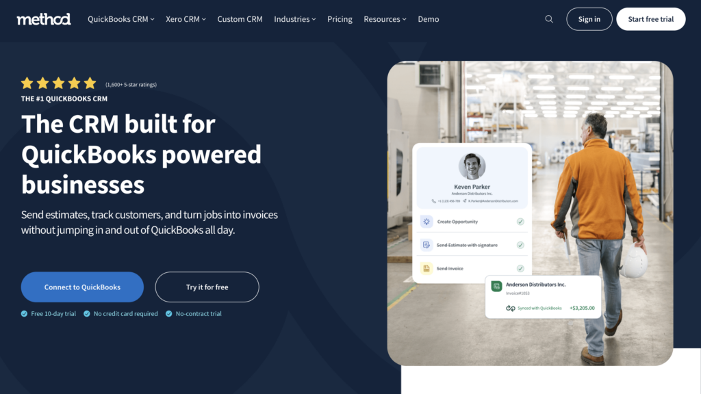 A man in a hard hat walks through a warehouse; Method CRM for QuickBooks is promoted with a free trial offer and contact card displayed.