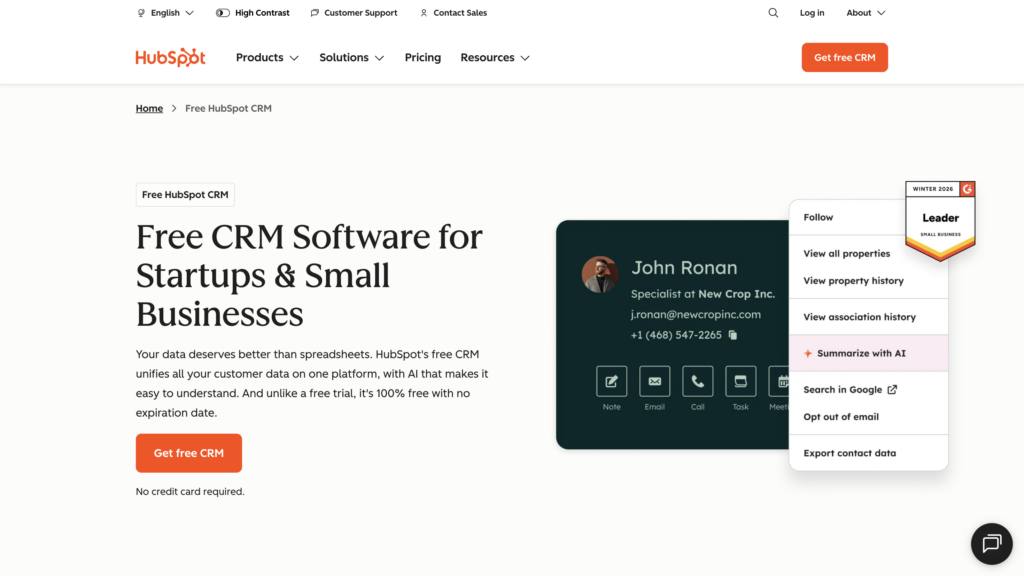 HubSpot CRM webpage screenshot with "Free CRM Software for Startups & Small Businesses," Get Free CRM button, and 2026 features menu.