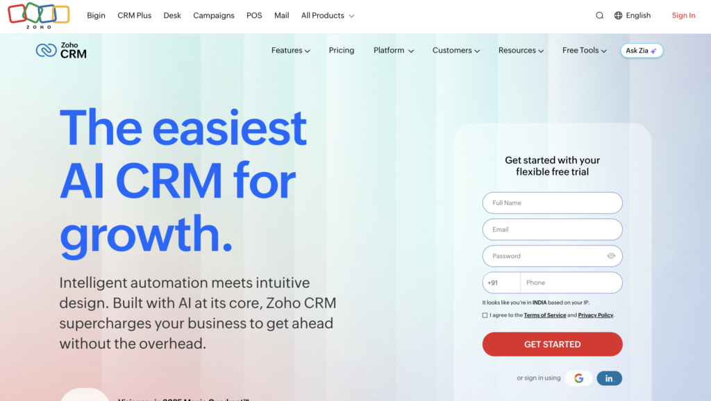 Zoho CRM homepage with "The easiest AI CRM for growth" headline, free trial form, top navigation, and 2026 QuickBooks integration.