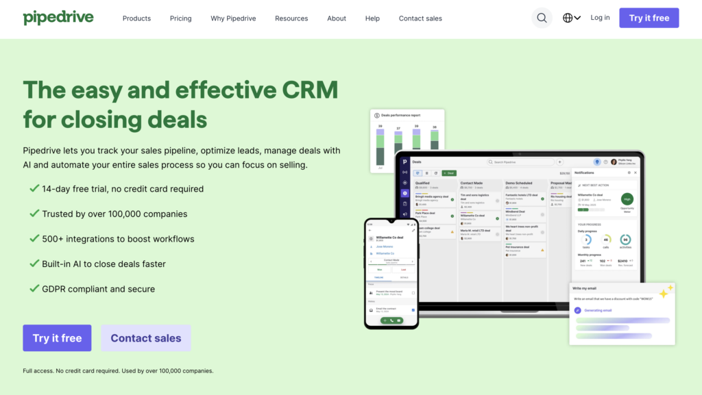 Pipedrive CRM webpage shows intuitive deal-closing tools, laptop and phone screenshots, and purple call-to-action buttons for free trial.