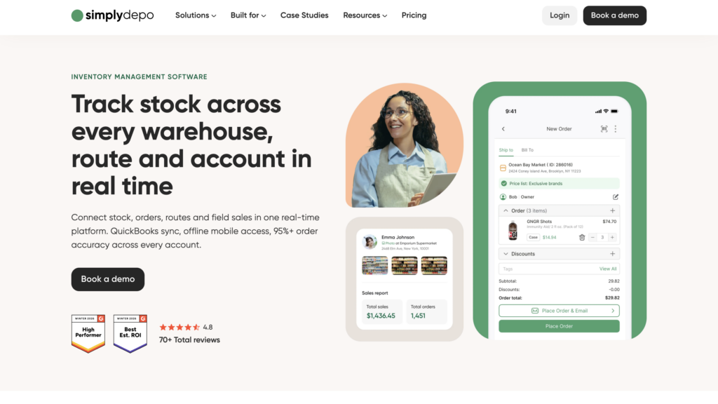 SimplyDepo inventory management software webpage featuring a smiling woman in green, mobile inventory software demo, Book a Demo button, and real-time stock tracking.