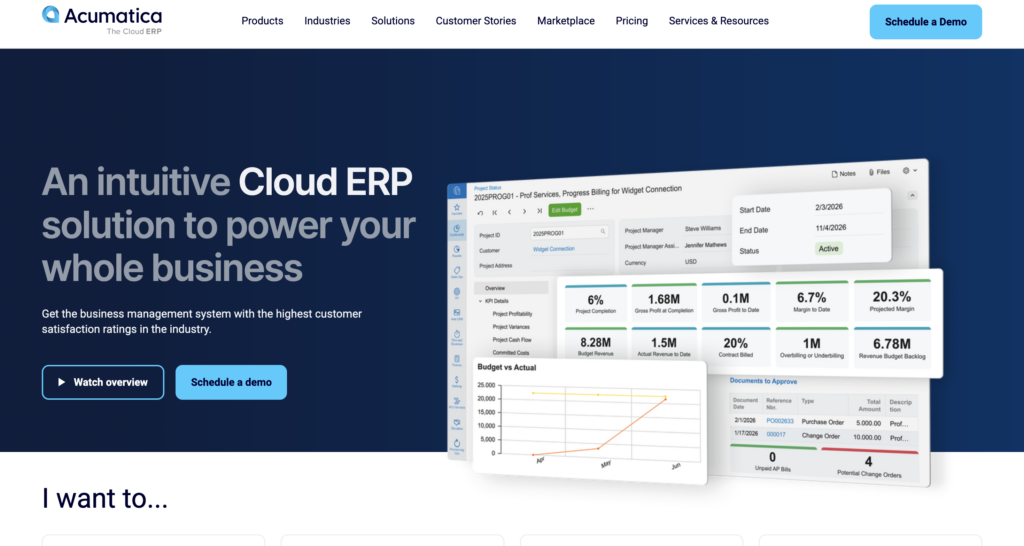 Acumatica homepage with the headline “An intuitive Cloud ERP solution,” dashboard screenshots, and demo/video buttons for distributors.