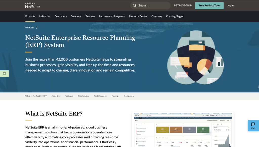 Oracle NetSuite ERP webpage with a blue abstract banner, top navigation, and sections showcasing inventory software and dashboard features.