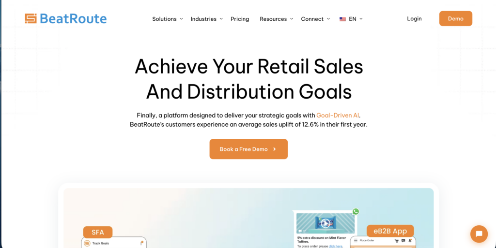 BeatRoute homepage screenshot with “Achieve Your Retail Sales And Distribution Goals” headline, demo button, and sales solutions menu.