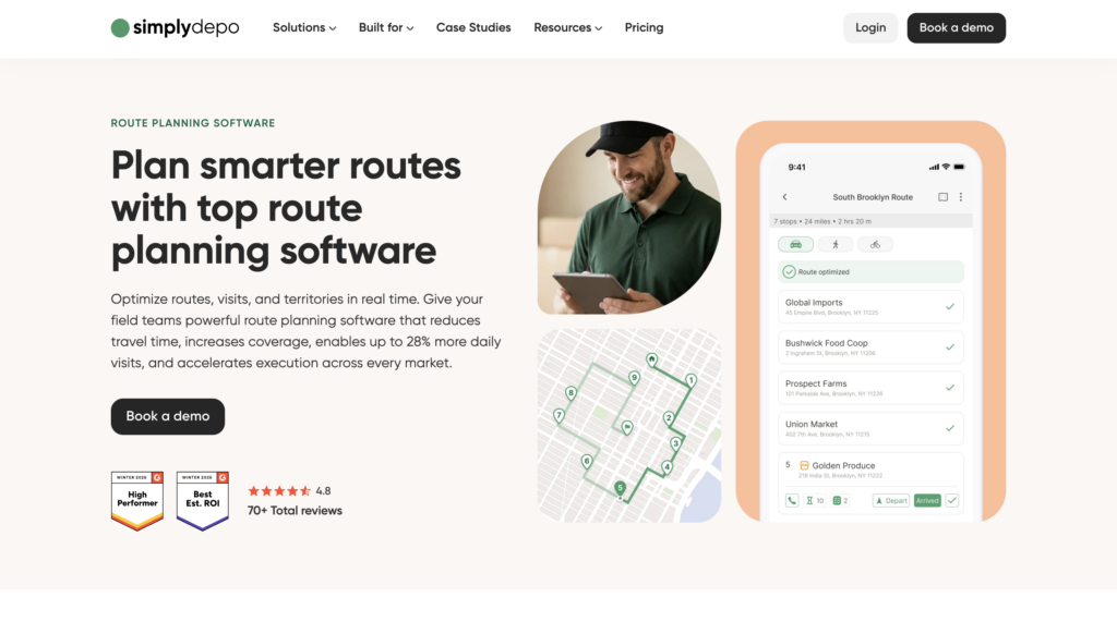 SimplyDepo Sales Route Planning Software page with a man on a tablet, phone showing routes, interactive map, and book demo button.