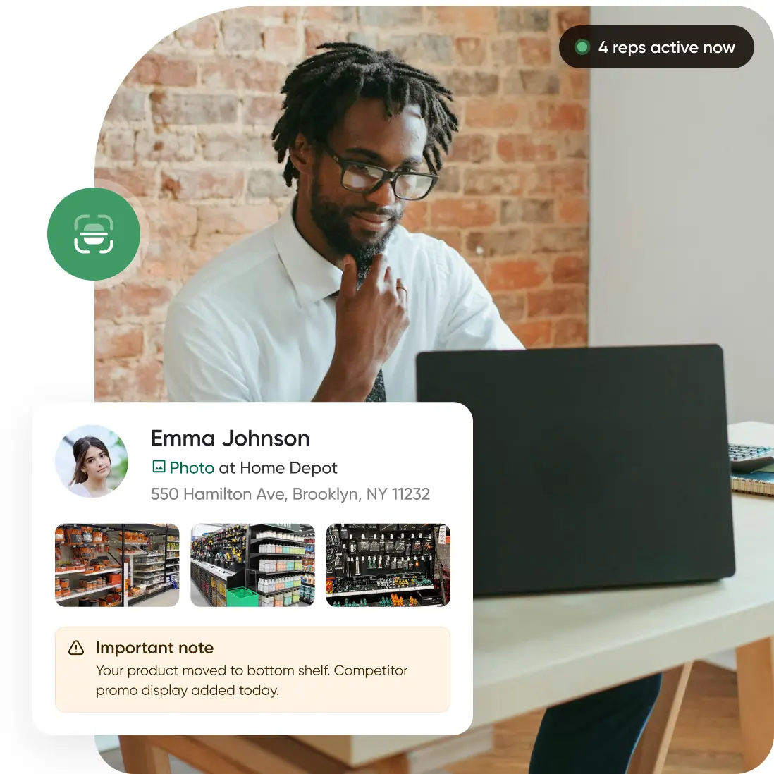 Thoughtful man with glasses and a beard works on his laptop as a notification reveals Emma Johnson’s store report for Home Depot Brooklyn.