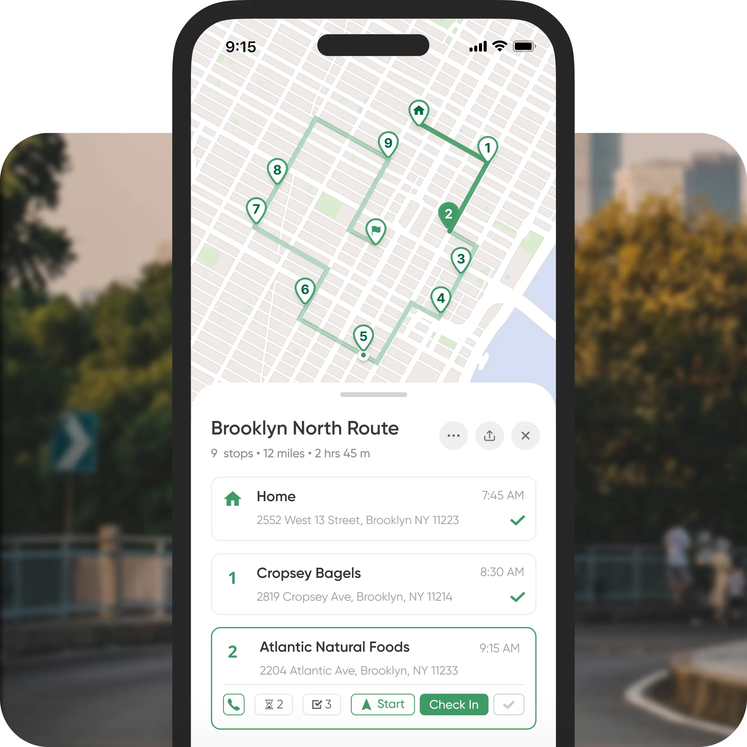A smartphone shows a Brooklyn, NY delivery route on a map with numbered pins and a detailed stop list, addresses, and times below.