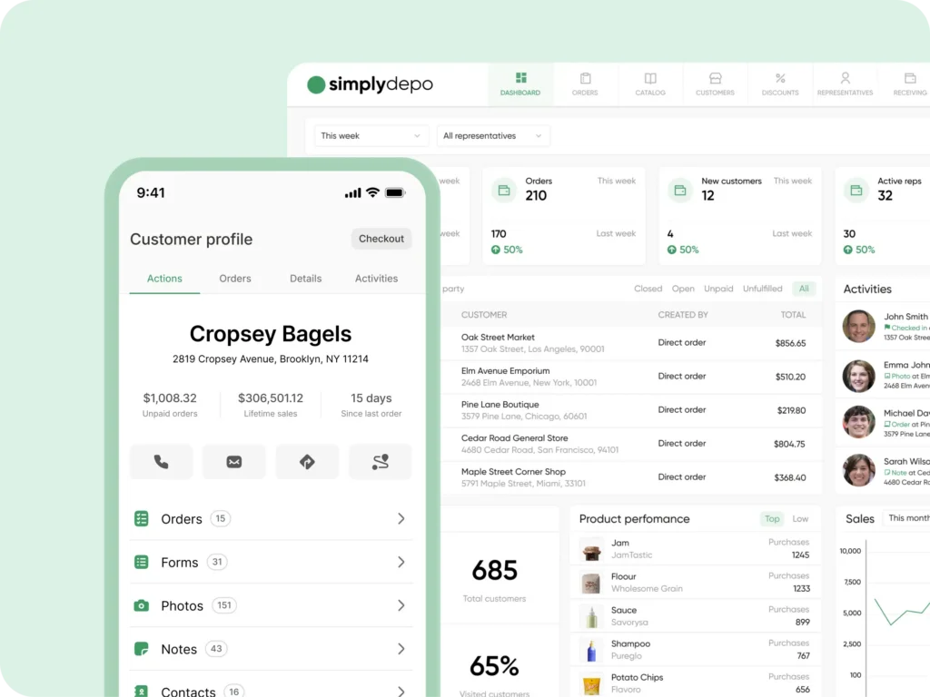 Dashboard and mobile screen show Cropsey Bagels profile with orders, contact info, and analytics for easy sales management through 2026.