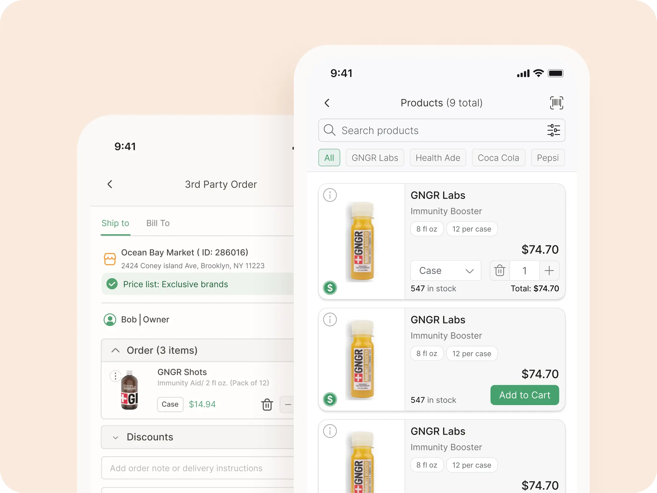 Two smartphones show an ordering app—order summary with QuickBooks on one, GNGR Labs Immunity Booster products to add to cart on the other.