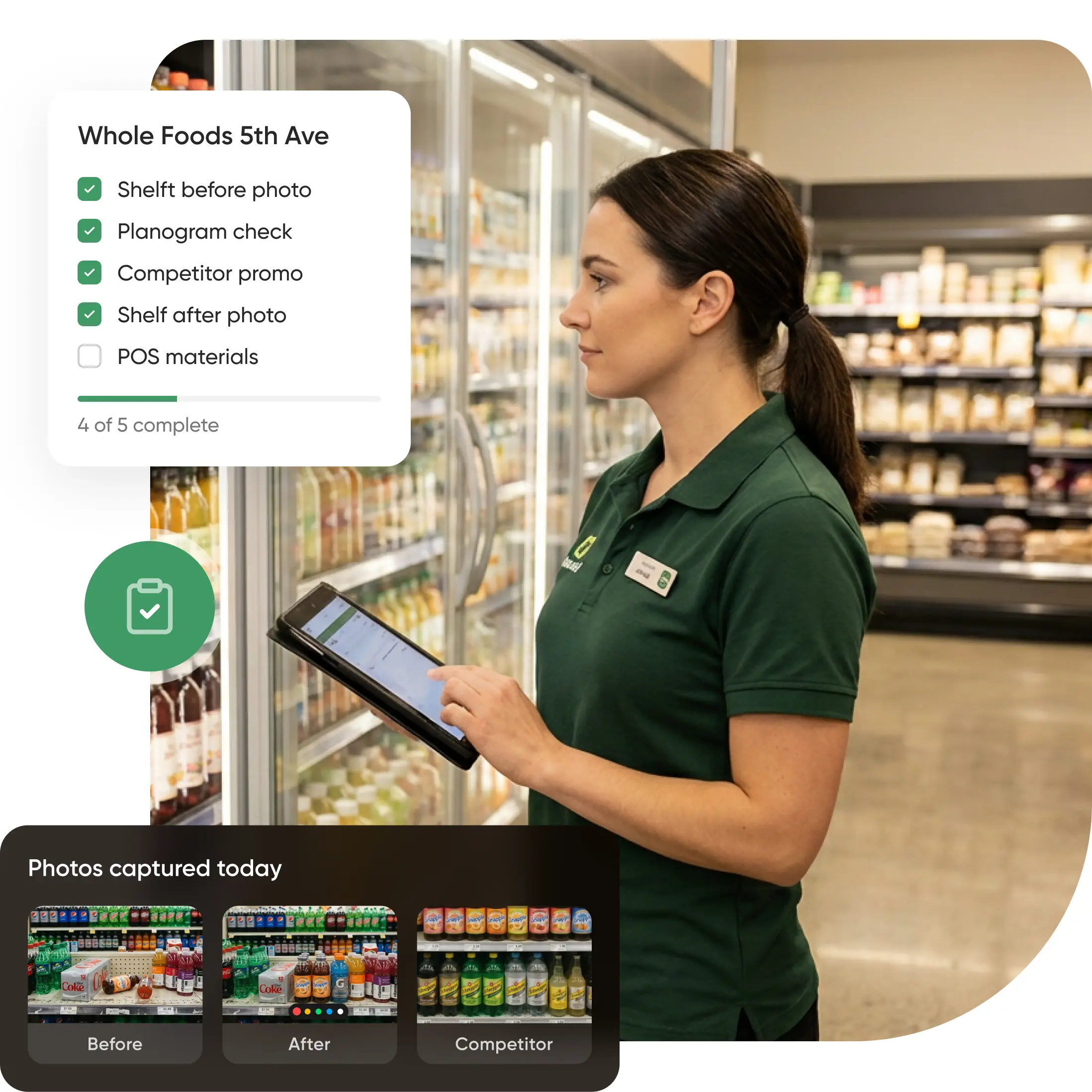 A woman in a green uniform manages grocery store merchandising on a tablet, with store task checklist and shelf comparison photos displayed.