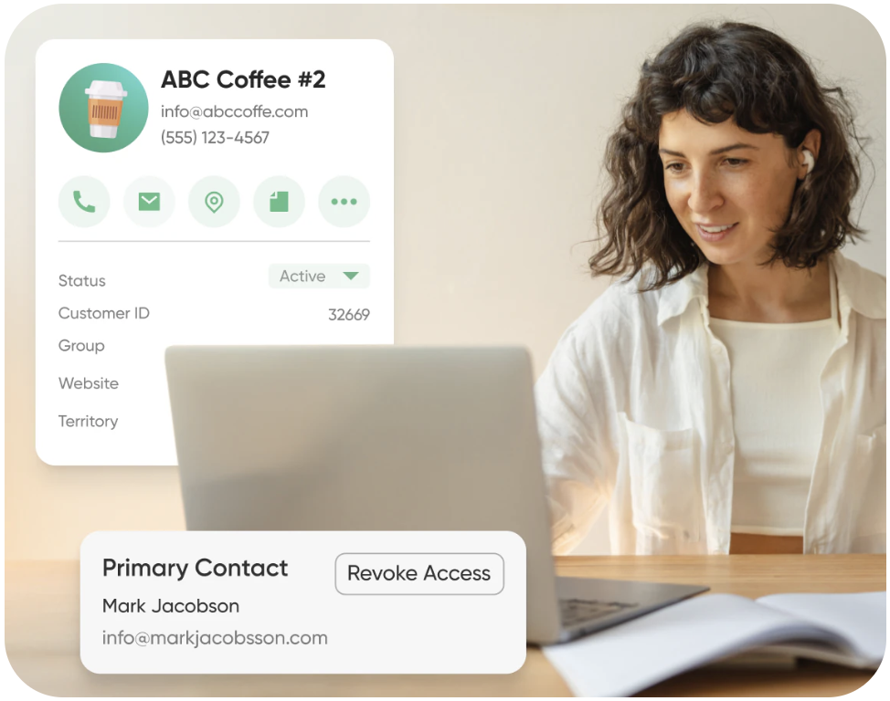 A woman works on a laptop at her desk, with business info for ABC Coffee #2 and inventory management tips shown on screen.