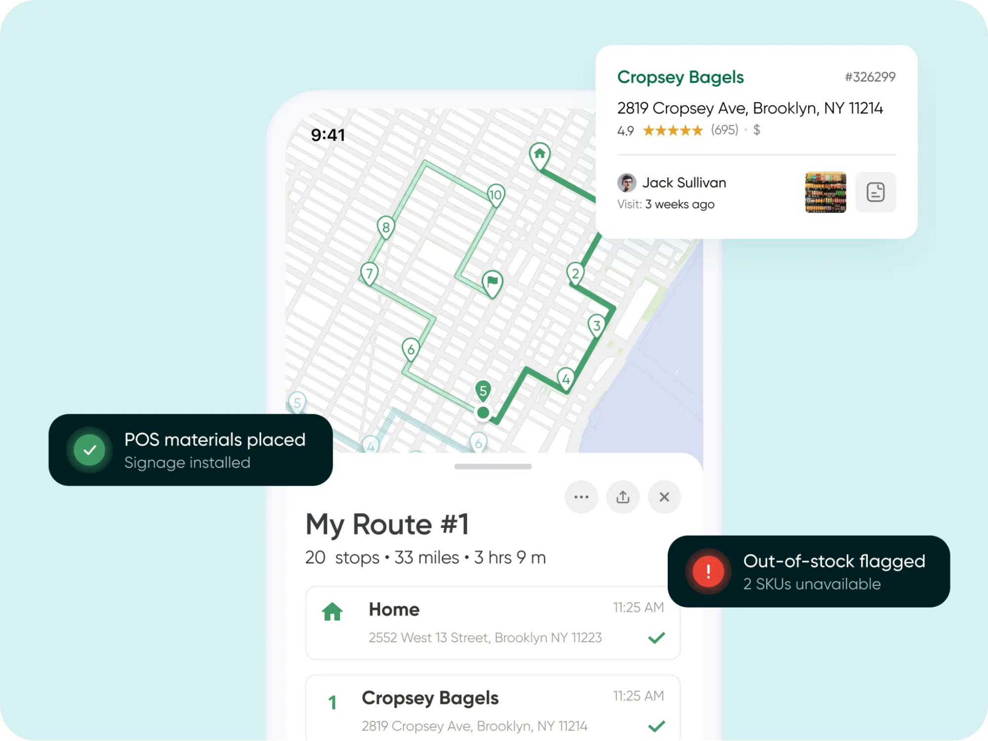 Mobile app displays a delivery map with 20 stops; pop-ups show inventory tracking at Cropsey Bagels, Brooklyn. Route: 33 miles, 3 hr.