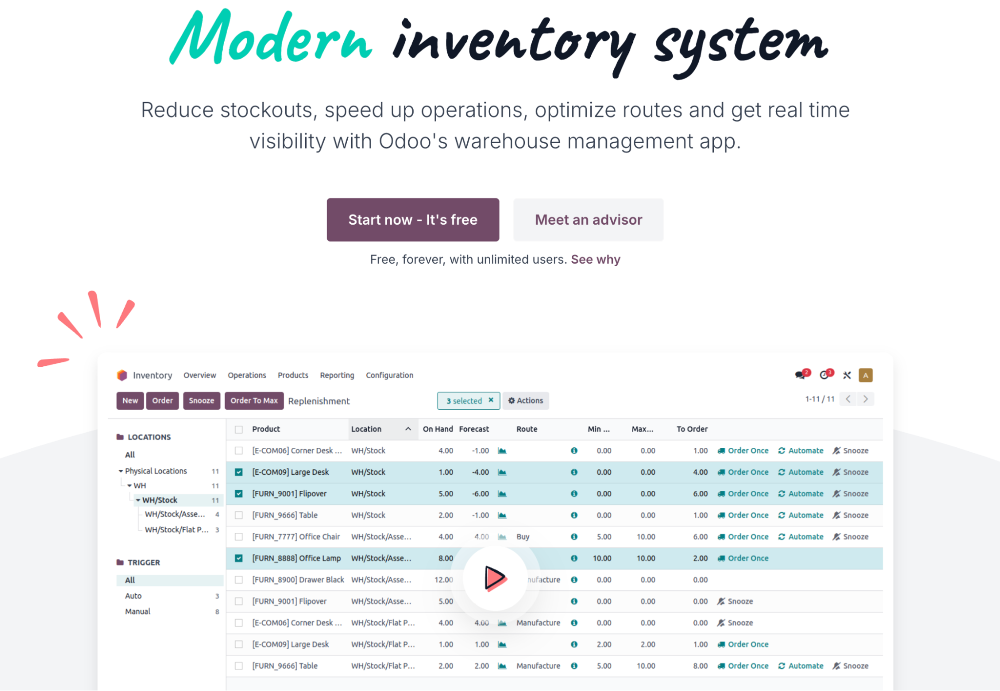 Odoo modern inventory system webpage for small businesses, with start button, advisor meeting, benefits, and warehouse app screenshot.