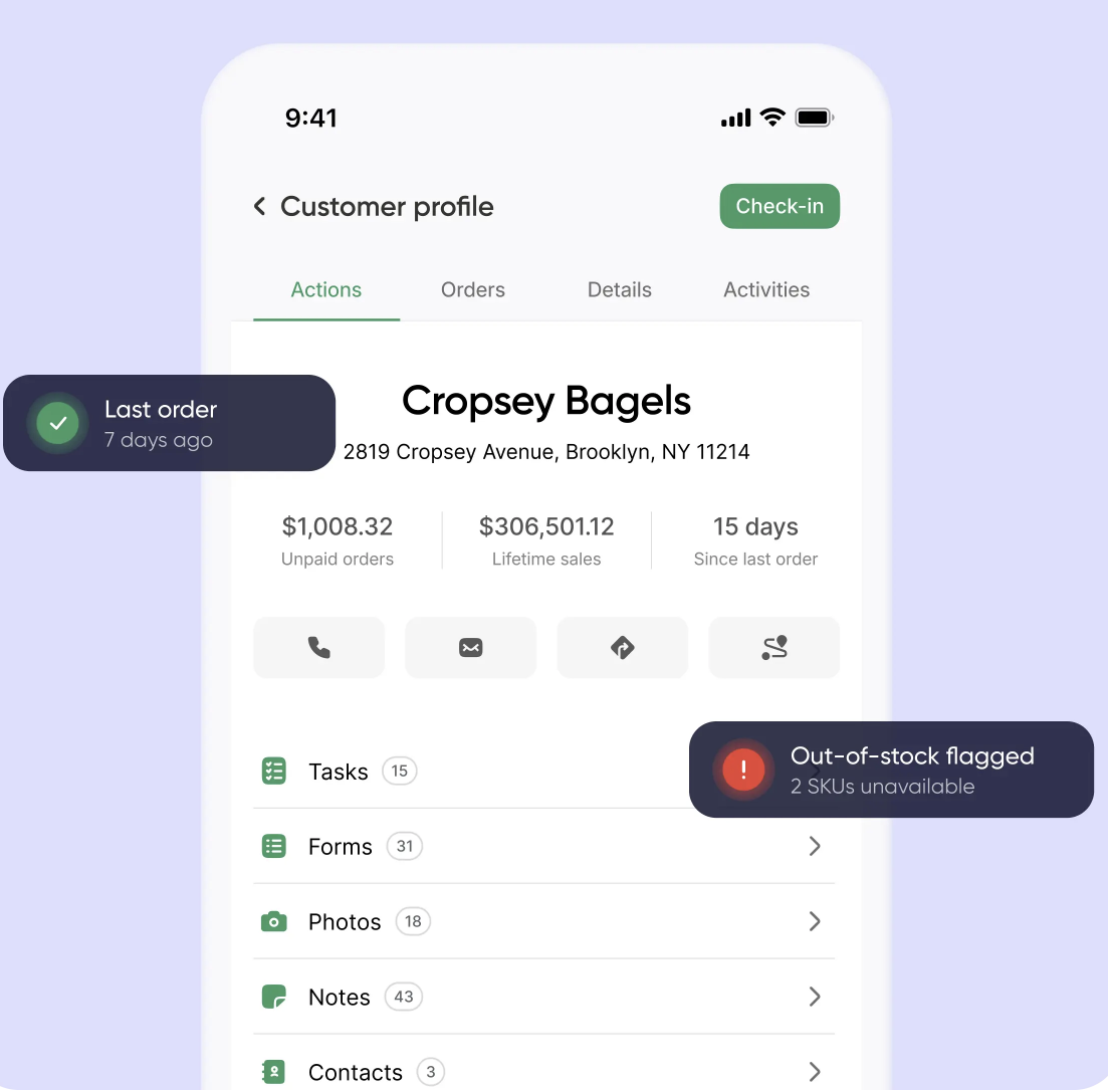 Mobile app shows Cropsey Bagels’ profile, highlighting unpaid orders, lifetime sales, 2 out-of-stock SKUs. Last order: 7 days ago.