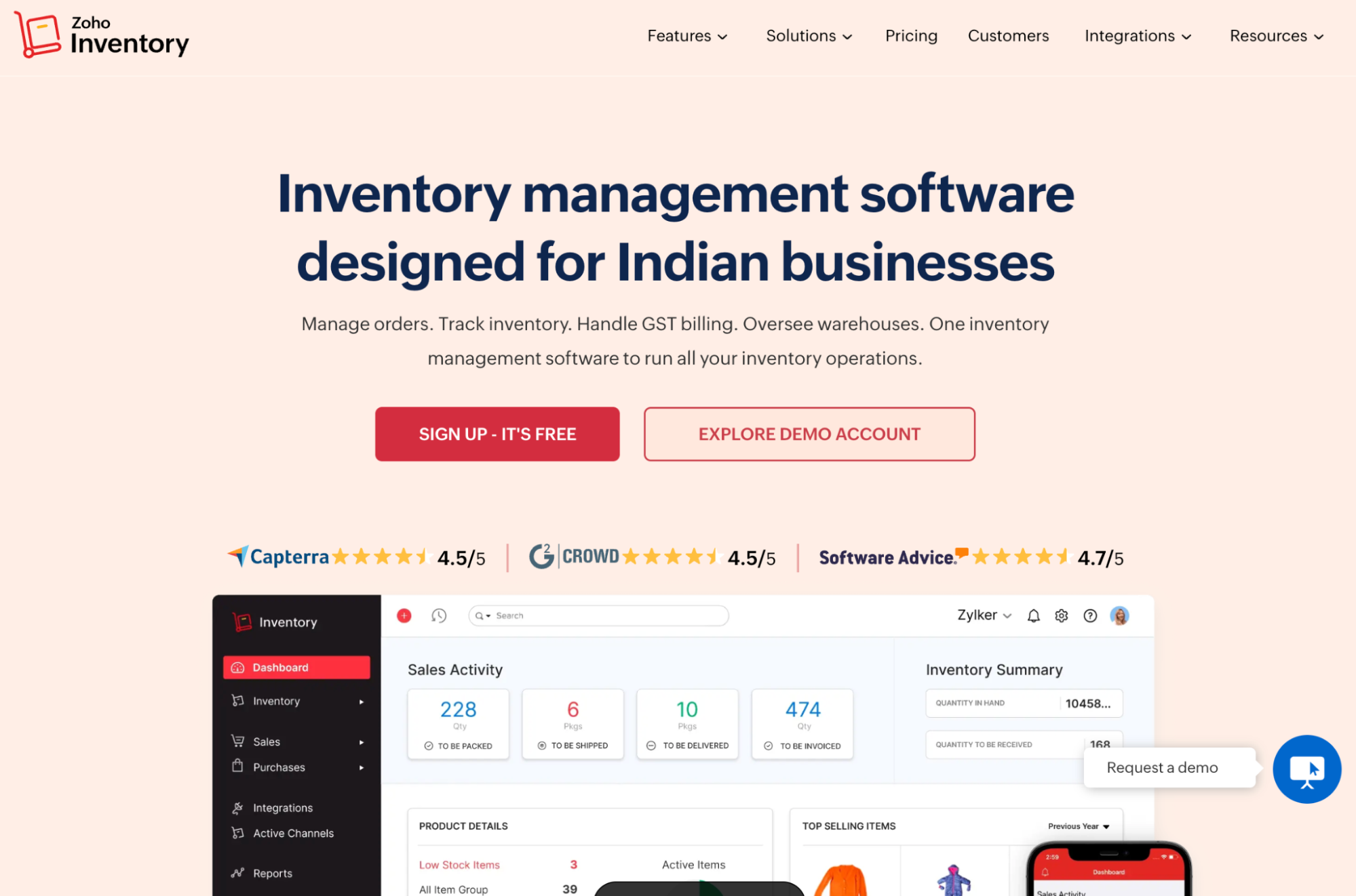 Zoho Inventory homepage with headline for Indian small businesses, sign-up options, ratings, and dashboard showing sales and inventory.