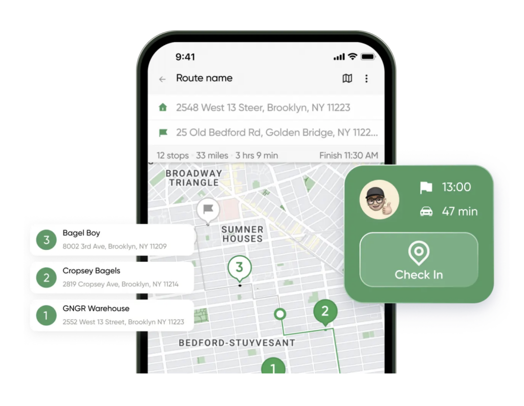 A smartphone shows a delivery map for three Brooklyn shops, address sidebar, and check-in overlay with inventory management features.