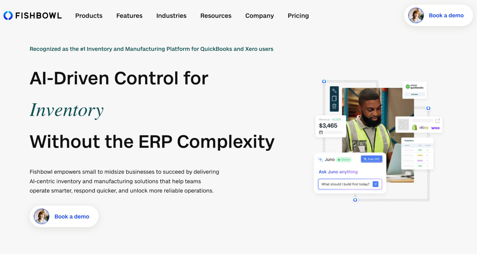 Fishbowls homepage showing AI-powered inventory control, a man at work, and an inventory dashboard for small businesses in 2026.