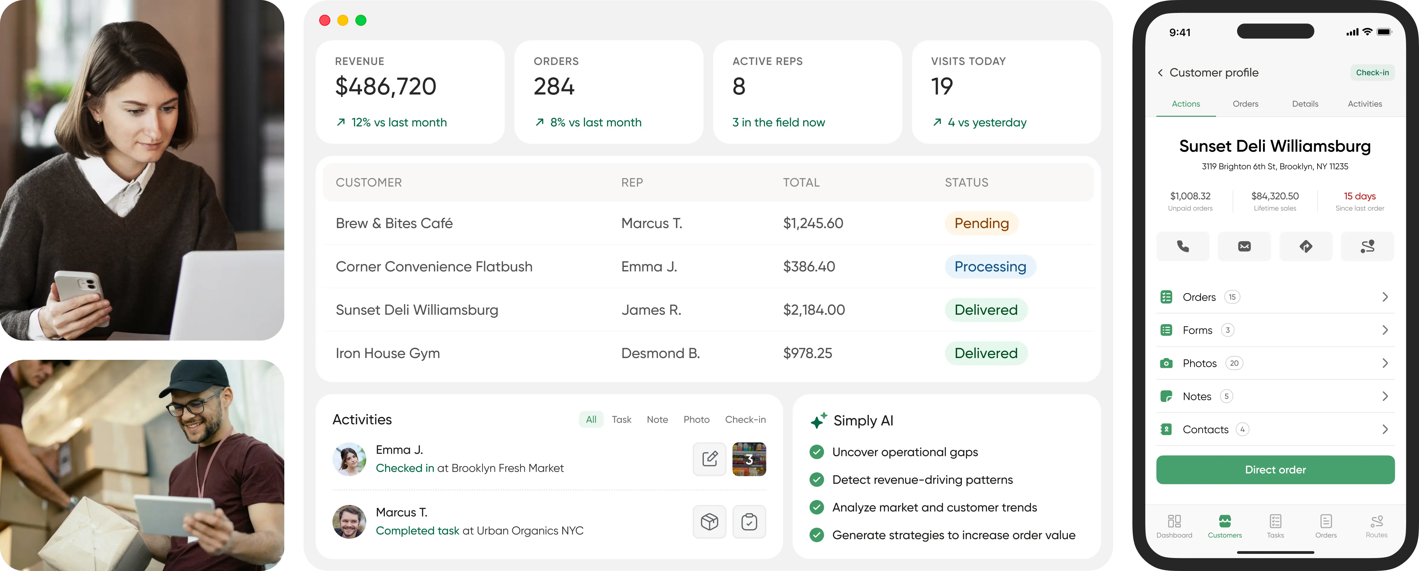Business dashboard displays key metrics, customer orders, and delivery statuses, with images of people using laptops and phones.