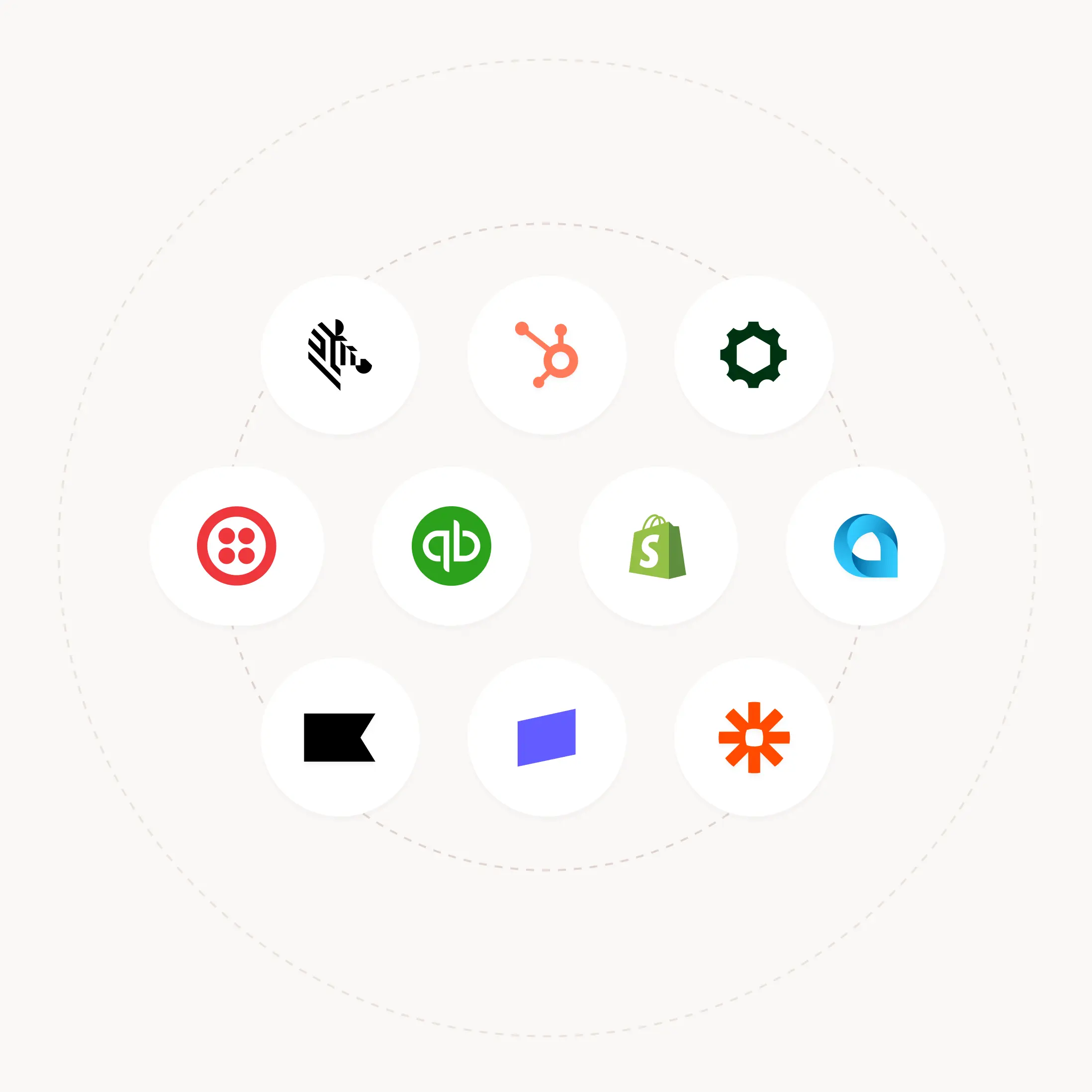 Ten top brand app logos—Shopify, QuickBooks, Twilio, HubSpot, Zapier—arranged in white circles on a light background.