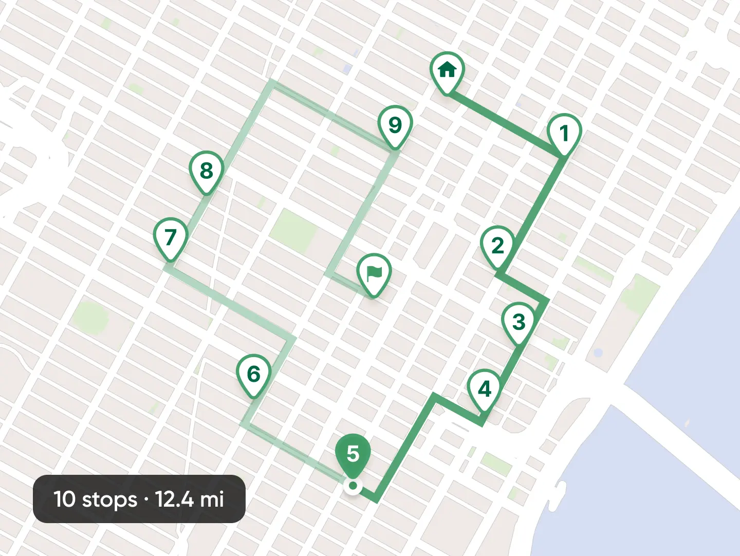 City map with a 12.4-mile green route, 10 numbered stops for merchandisers, winding through streets by a riverside.