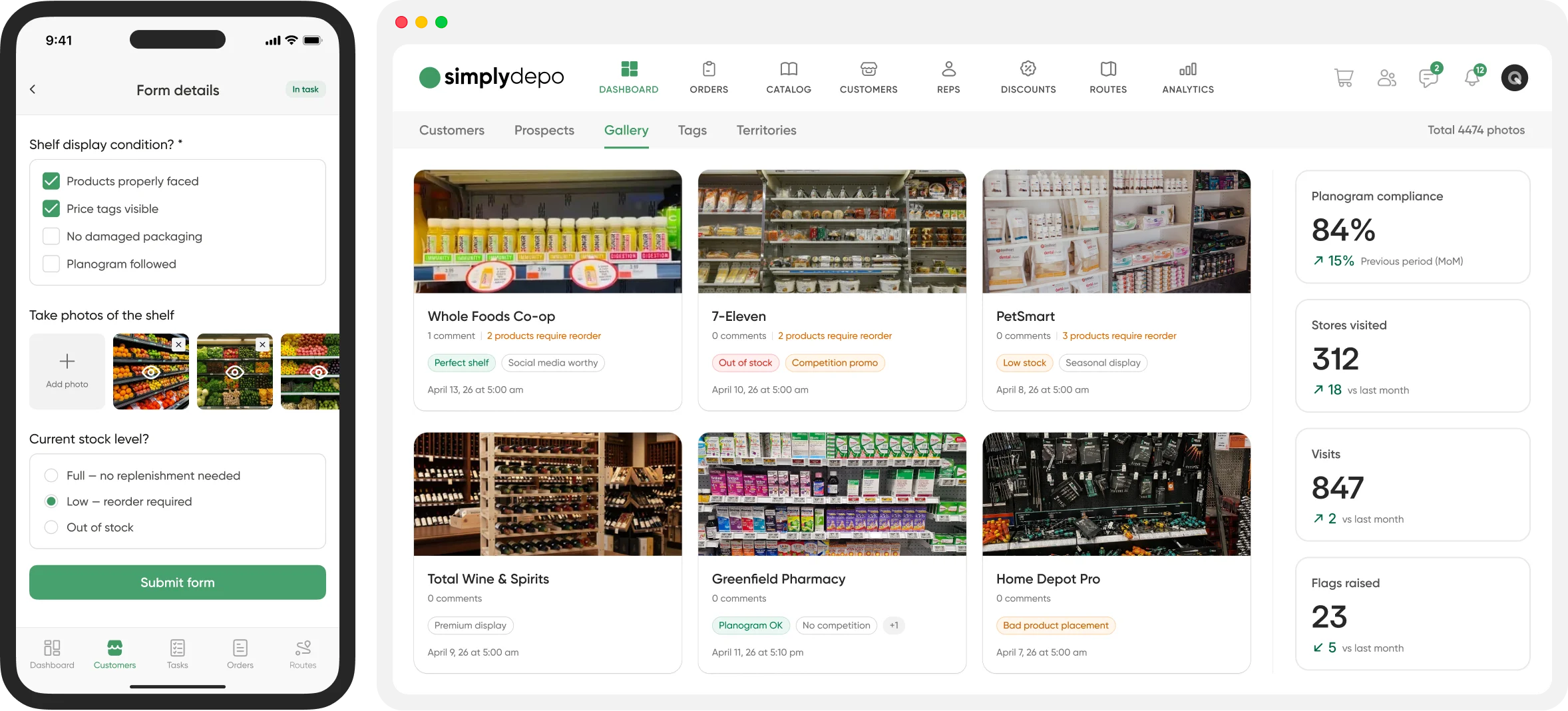 Retail merchandising dashboard shows store shelf photos, shelf checklist, compliance stats, and a left-side form panel with store names.