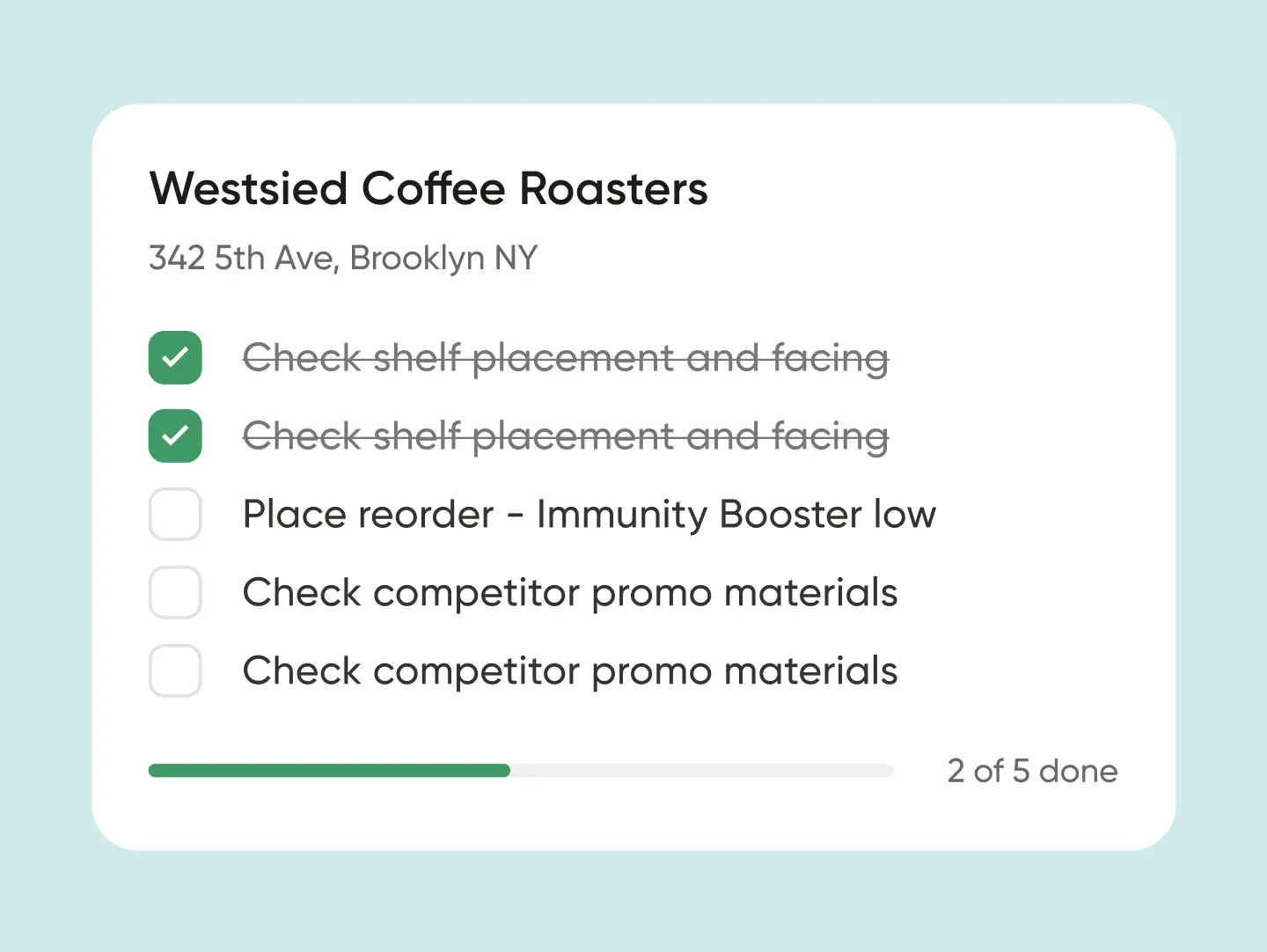 Westside Coffee Roasters brand checklist with 2 completed tasks, 3 remaining tasks, including "Place reorder – Immunity Booster low," and a progress bar showing 2 out of 5 done.