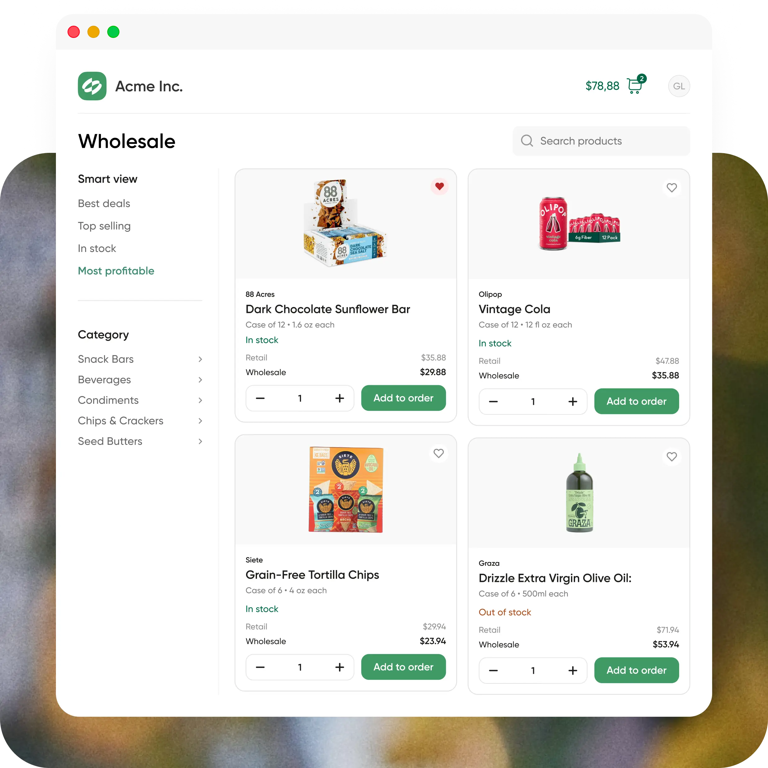 Online wholesale ordering platform page showing Dark Chocolate Sunflower Bar, Vintage Cola, Grain-Free Tortilla Chips, and Olive Oil.