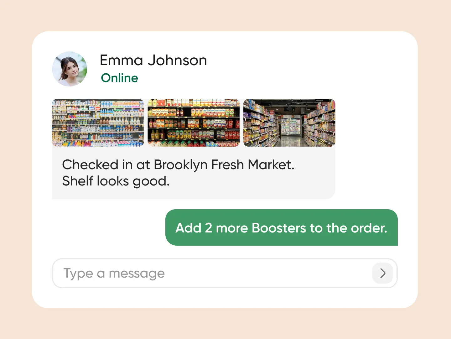 Emma Johnson’s online profile, images of top brand supermarket shelves, a check-in message at Brooklyn Fresh Market, and an add boosters button.