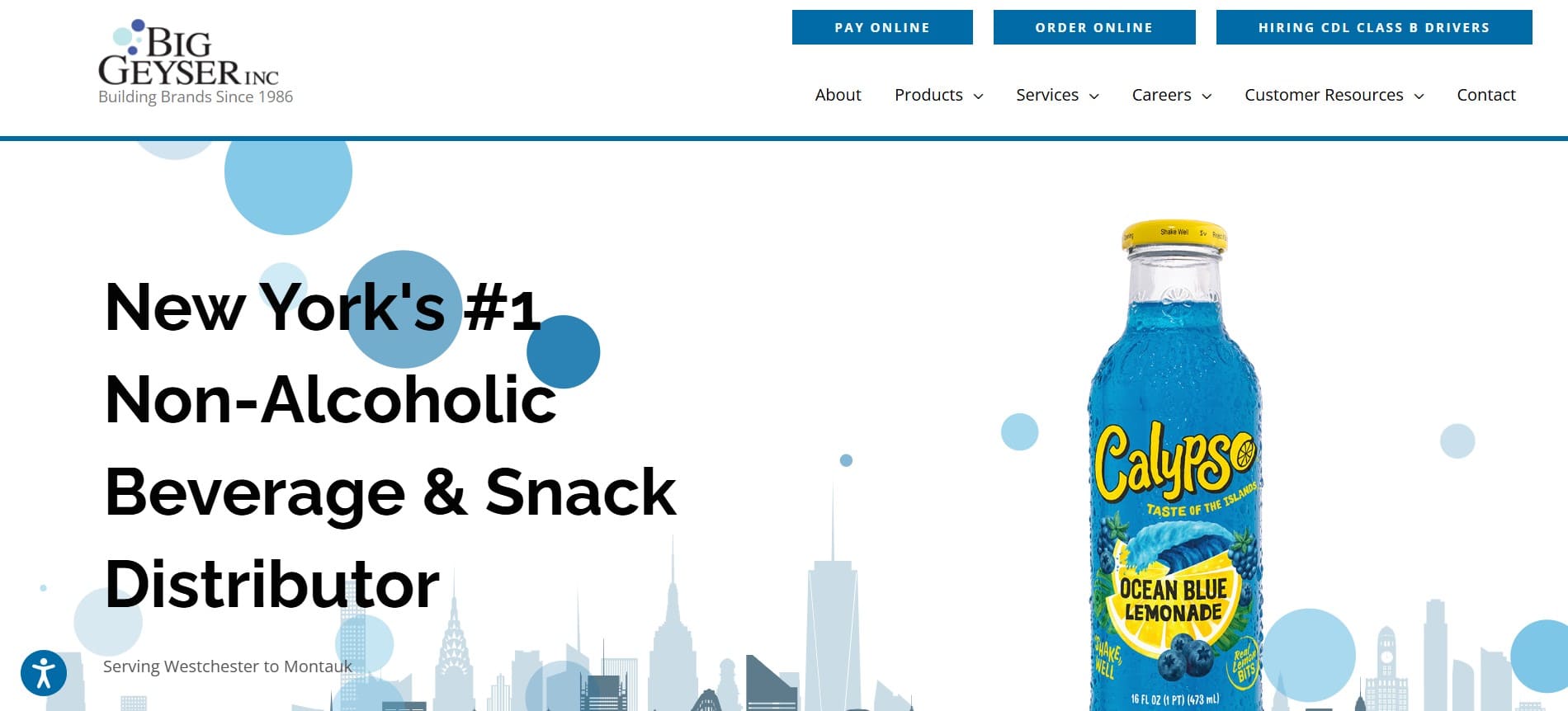 Big Geyser Inc. website with Calypso Ocean Blue Lemonade bottle and text: “NY’s #1 Non-Alcoholic Beverage & Snack Distributor.”.