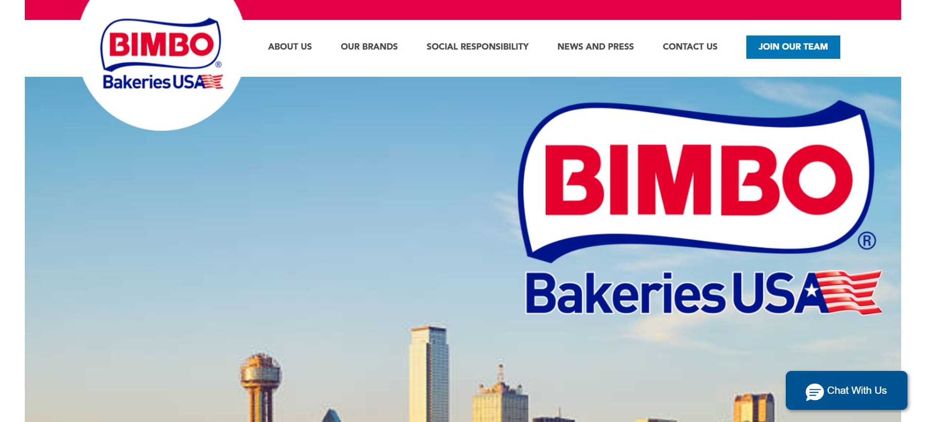 Bimbo Bakeries USA homepage screenshot with logo, navigation, city skyline, “Join Our Team” button, and chat icon for 2026 DSD.