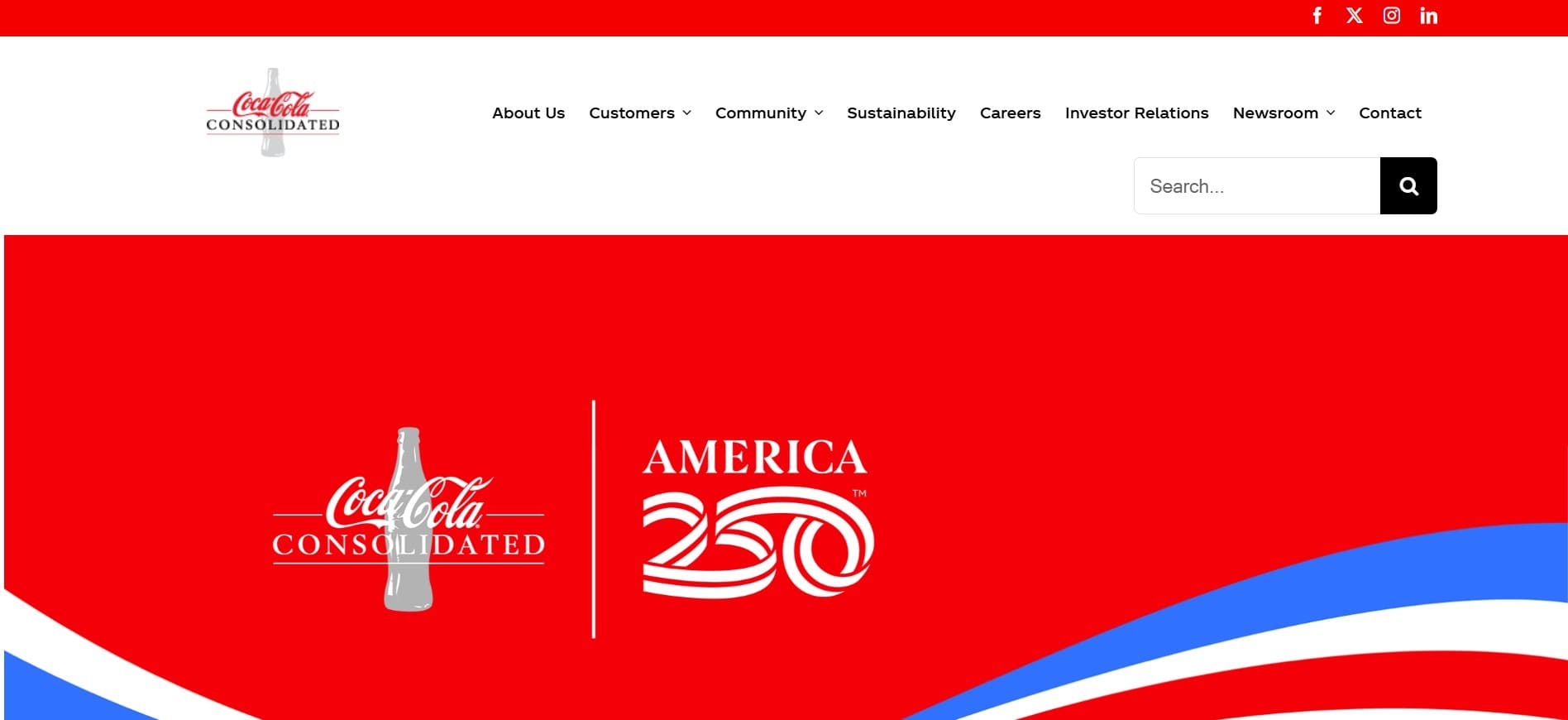 Coca-Cola Consolidated homepage with navigation links, red banner featuring America 250 logo, search bar, and Direct Store Delivery highlights.