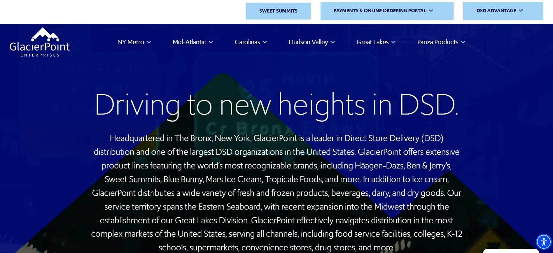 GlacierPoint Enterprises website shows a blue banner reading “Driving to new heights in DSD,” with navigation tabs and partner summary.