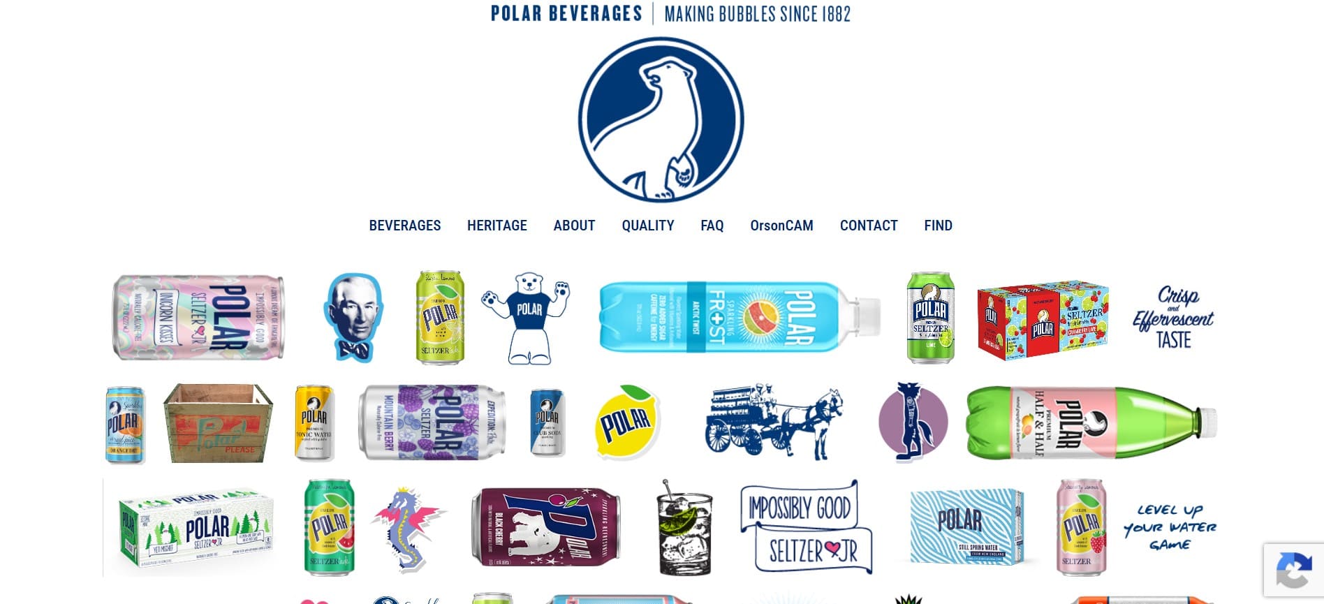 Polar Beverages website screenshot shows the Polar bear logo, menu, colorful beverage cans and bottles, seltzer packs, and playful slogans.