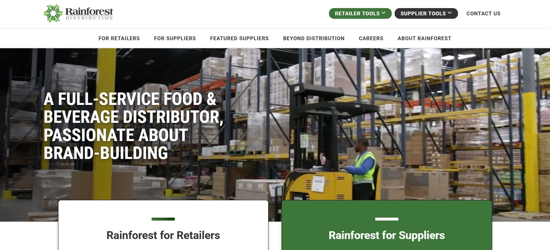 Warehouse worker drives a forklift amid stacked pallets and boxes; Rainforest Distribution logo and branding message overlay top left.