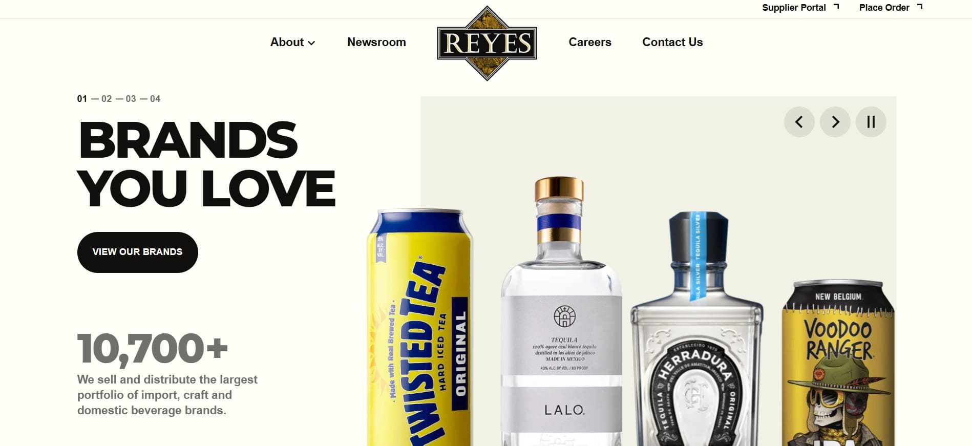 Reyes webpage displays Twisted Tea, Lalo and Herradura Tequila, Voodoo Ranger beer with text: Brands You Love, 10,700+ CPG brands.