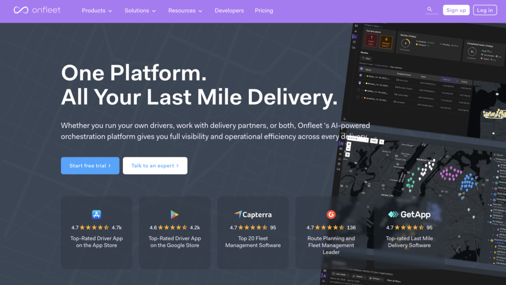 Onfleet homepage screenshot with “One Platform. All Your Last Mile Delivery.” tagline, sign-up buttons, app ratings, and dashboard previews.